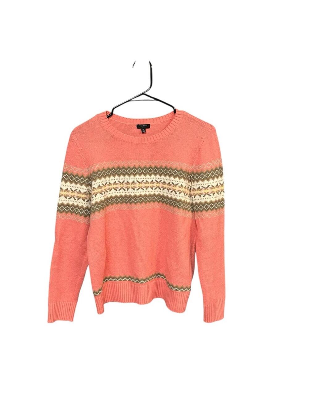 Talbots Petite Fair Isle Sweater MP Coral Merino Wool Blend Crewneck Pullover